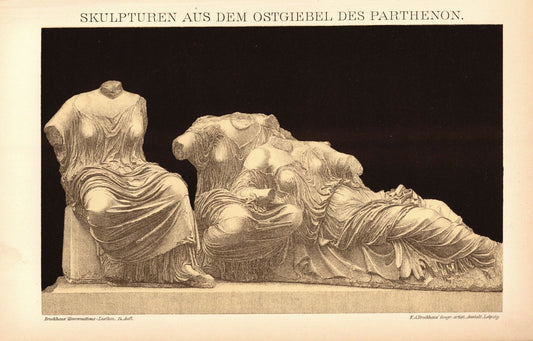 Skulpturen aus dem Ostgiebel des Parthenon. Buchillustration (Stich) von 1897