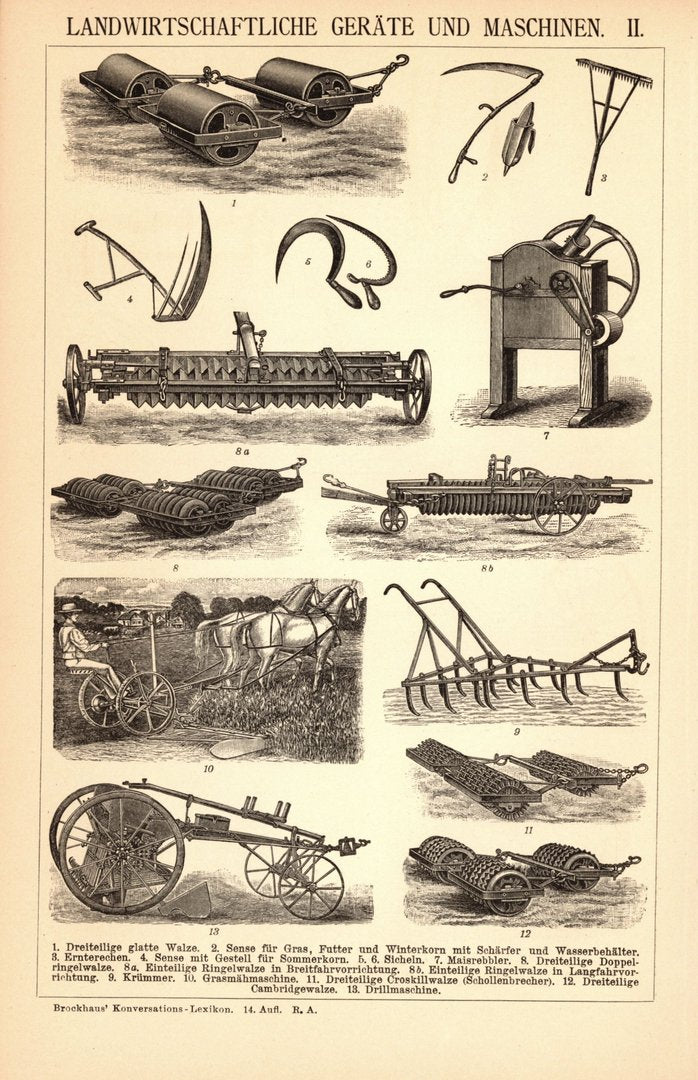 Landwirtschaftliche Geräte und Maschinen I-II. Buchillustration (Stich) von 1897