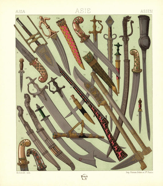 Indien. Waffen aus Indien, Nepal, Persien und der Türkei. Lithografie von 1888. (T120)