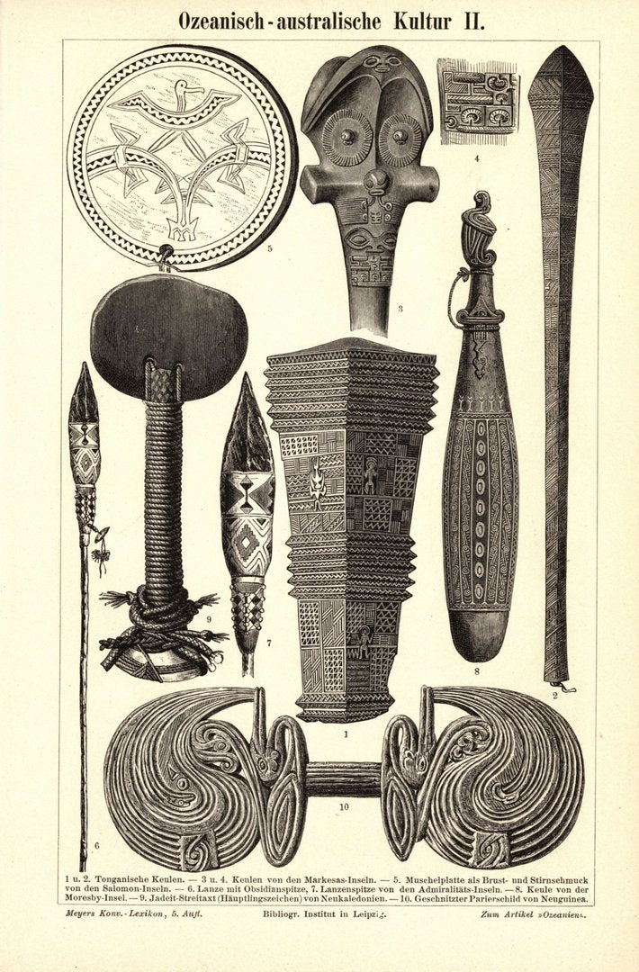 Ozeanisch-australische Kultur. Buchillustration (Stich) von 1897