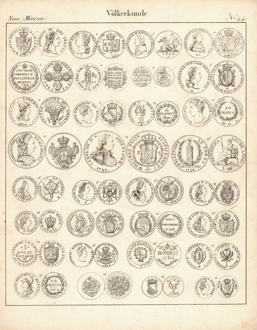 Neue Münzen, Völkerkunde Nr. 44. Lithografiertes Blatt von 1830.