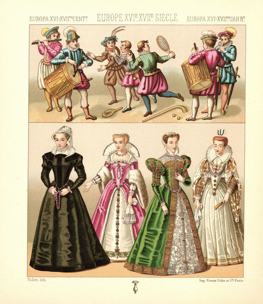 Frankreich. Damen des französischen Adels, Volkstrachten, Schüler. Lithografie von 1888. (T267)
