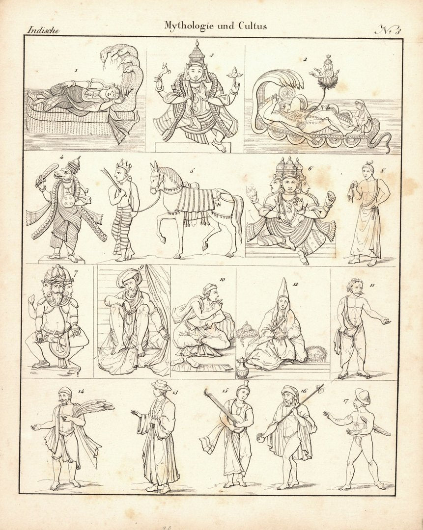 Indische Mythologie und Cultus Nr. 3. Lithografiertes Blatt von 1830.