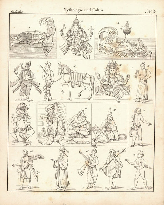 Indische Mythologie und Cultus Nr. 3. Lithografiertes Blatt von 1830.