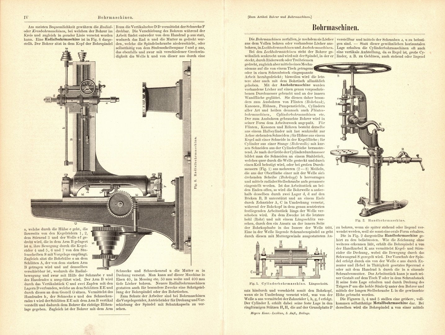 Bohrmaschinen. Buchillustration (Stich) von 1893