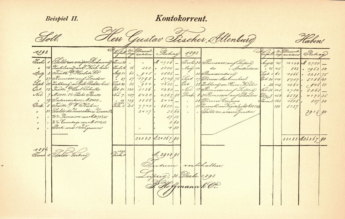 Kontokorrent Beispiele . Buchillustration von 1897
