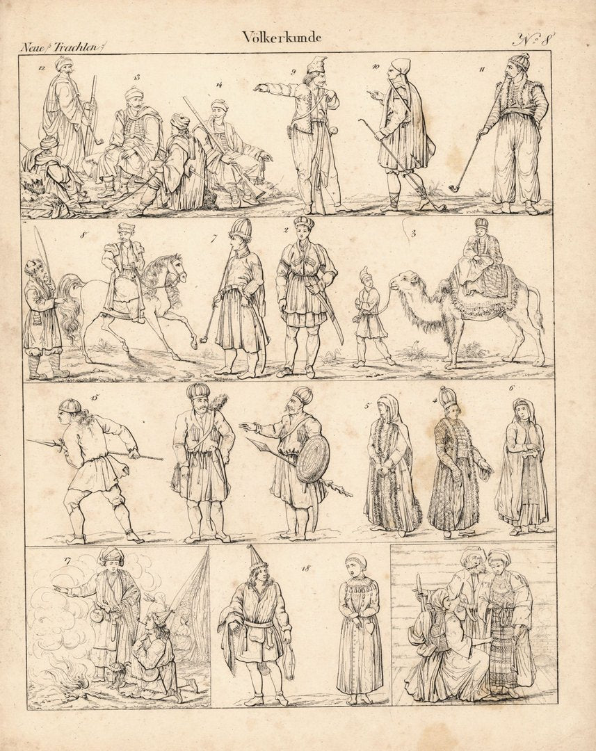 Kaukasische stämme, Neue Trachten, Völkerkunde Nr. 8. Lithografiertes Blatt von 1830.
