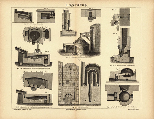 Bleigewinnung. Buchillustration (Stich) von 1874
