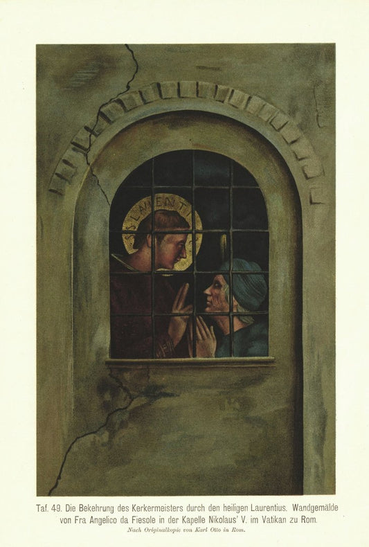 Die Bekehrung des Kerkermeisters durch den heiligen Laurentius. Lithografie von 1905