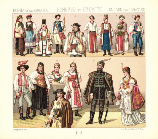 Ungarn und Kroatien. Ungarische Adlige, Magnaten, Volkstrachten. . Lithografie von 1888. (T458)