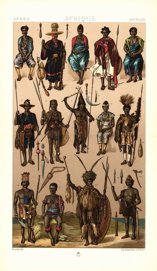 Afrikanische Stämme und Einwohner, Häuptlinge. Lithografie von 1888. (T67)