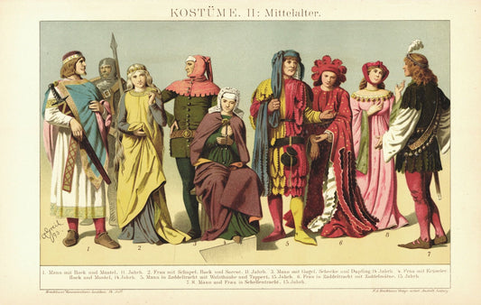 Kostüme im Mittelalter. Lithographie von 1894