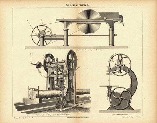 Sägemaschinen. Buchillustration (Stich) von 1878