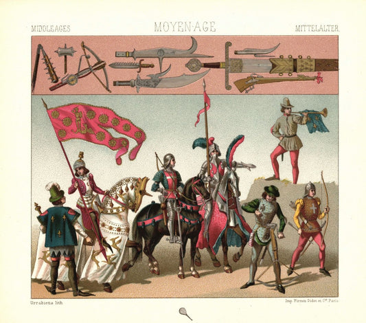 Mittelalter. Frankreich. 1439 bis 1450. Militärtrachten. Rüstungen. Lithografie von 1888. (T218)