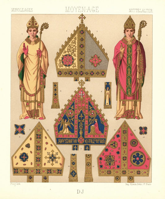 Mittelalter. Priestergewänder 14. Jhdt. Bischöfliche Insignien. Mitre. Lithografie von 1888. (T193)