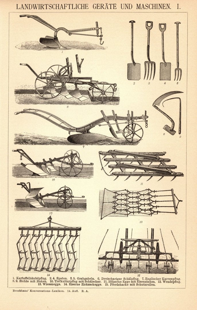 Landwirtschaftliche Geräte und Maschinen I-II. Buchillustration (Stich) von 1897