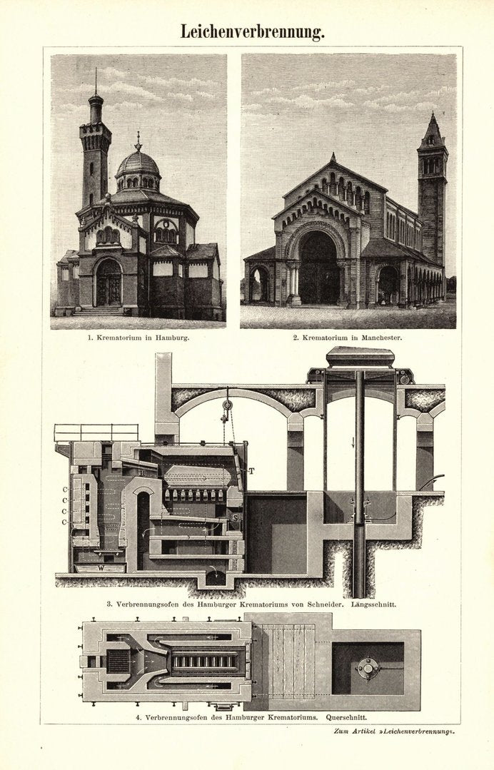 Leichenschauhäuser, Leichenverbrennung, Krematorium. Buchillustration (Stich) von 1896