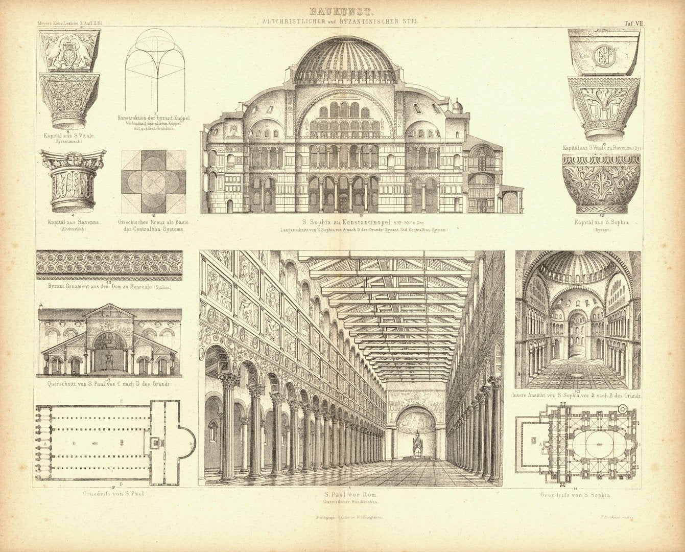 Baukunst, Altchristlicher und Byzantinischer Stil. Buchillustration (Stich) von 1874