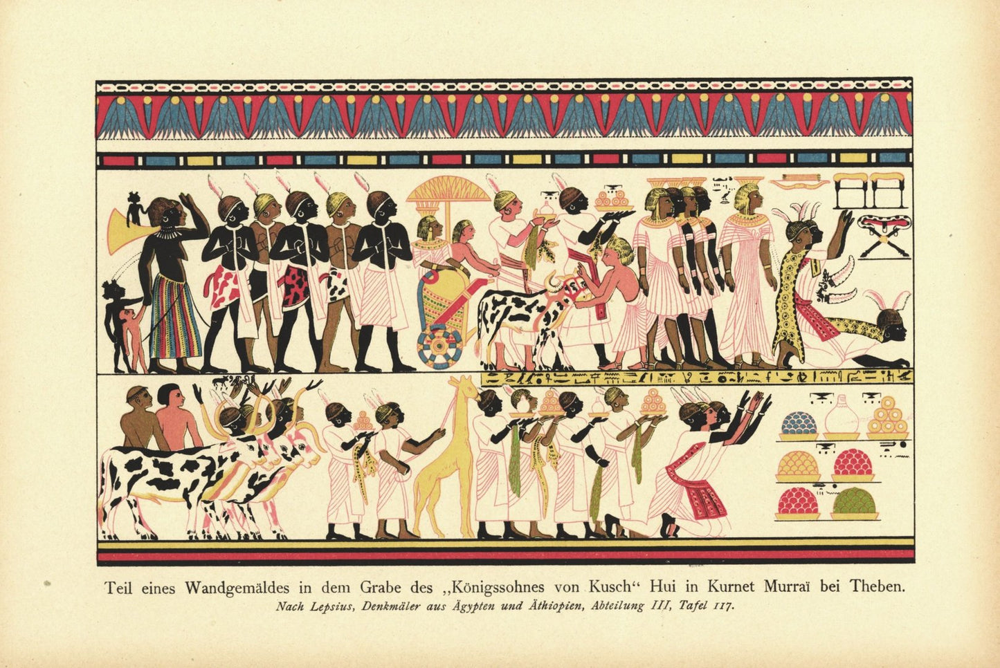 Wandgemälde im Grabe des Königssohnes von Kusch bei Theben. Lithografie von 1920