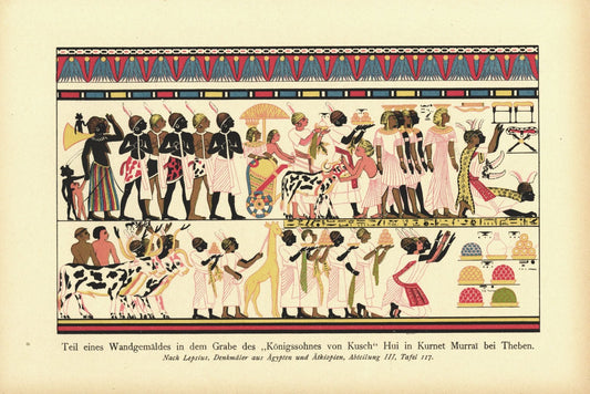 Wandgemälde im Grabe des Königssohnes von Kusch bei Theben. Lithografie von 1920
