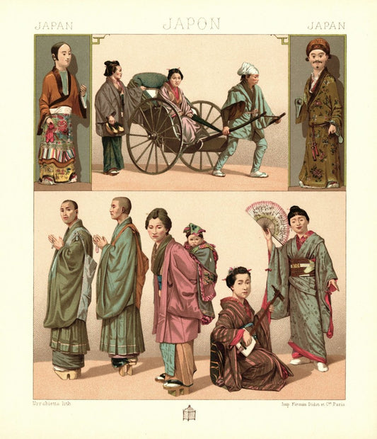 Japan. Bonzen, Damen in Ausgehkleidung, Rikscha. Lithografie von 1888. (T102)