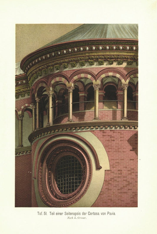 Teil einer Seitenapsis der Certosa zu Pavia. Lithografie von 1905
