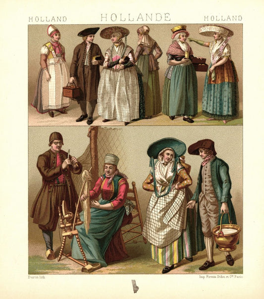 Holland. Volkstrachten zu Beginn des 19. Jhd.  Lithografie von 1888. (T419)
