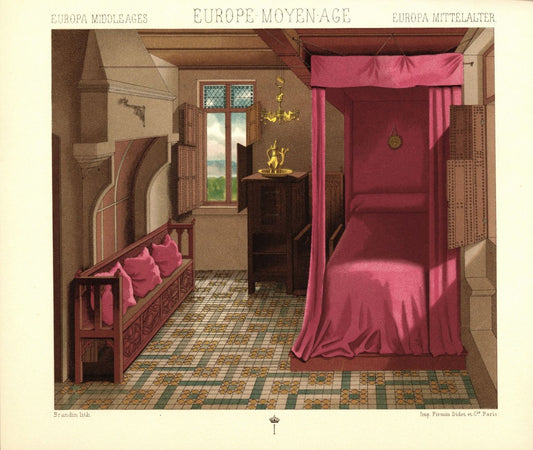 Flandern. Flämische Inneneinrichtung, Schlafzimmer, 15.Jhd. Lithografie von 1888. (T232)