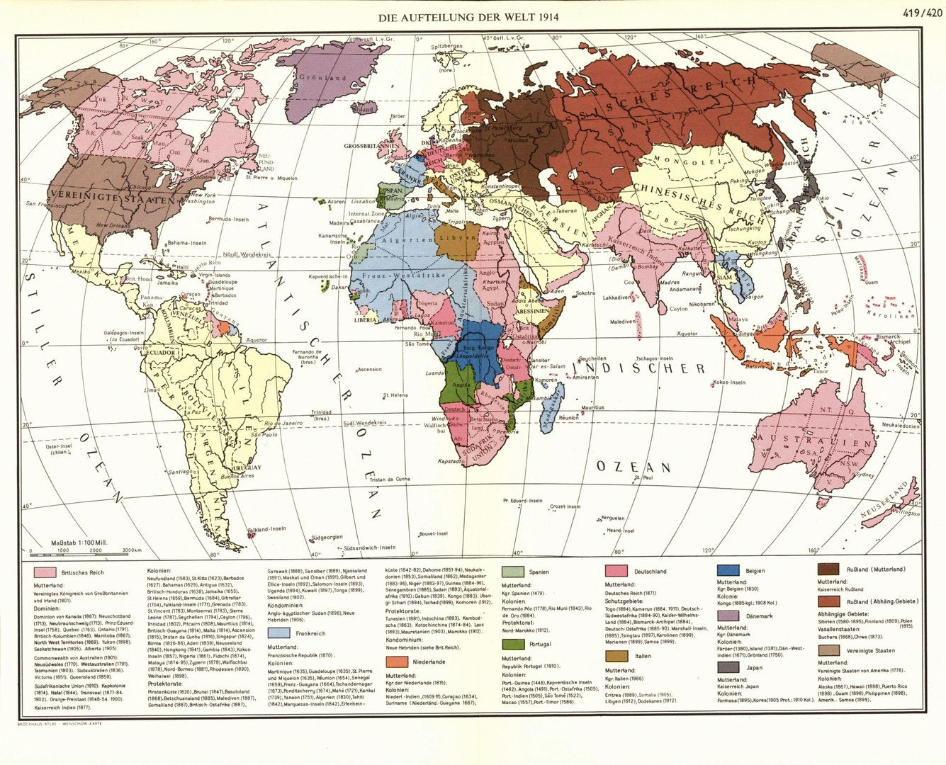 Die Aufteilung der Welt im Jahr 1914.  Alte Landkarte von 1960.