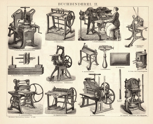 Buchbinderei. Buchillustration (Stich) von 1897