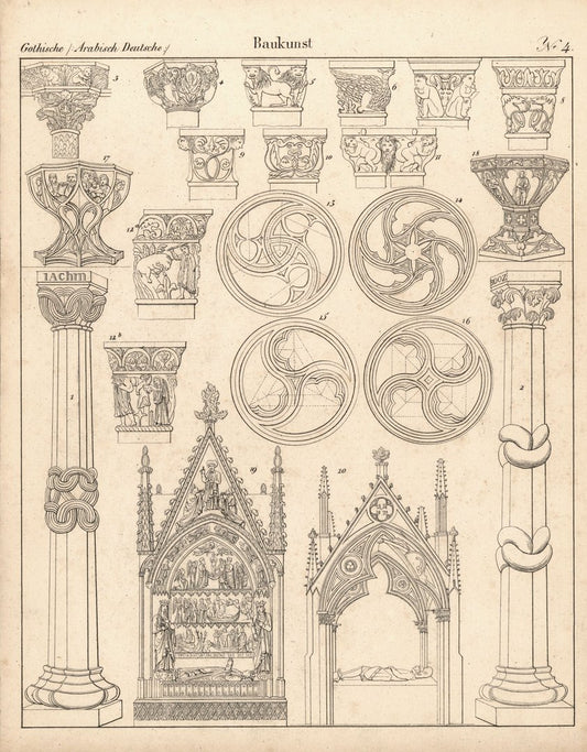 Gothische, arabische, deutsche Baukunst Nr. 4. Lithografiertes Blatt von 1830.