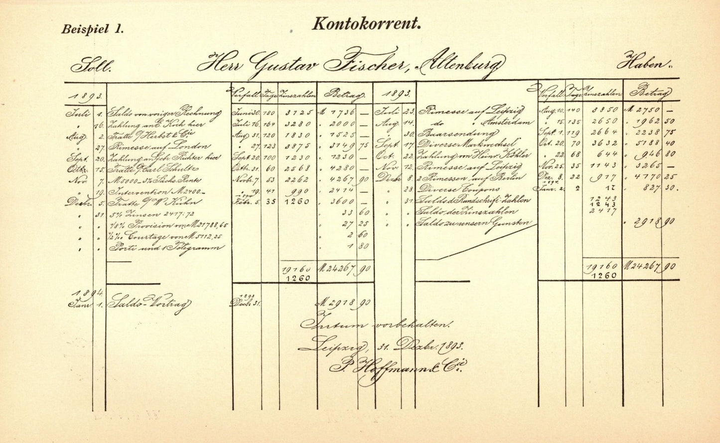 Kontokorrent Beispiele . Buchillustration von 1897