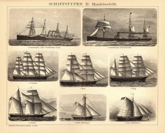 Schiffstypen, Handelsschiffe. Buchillustration (Stich) von 1897