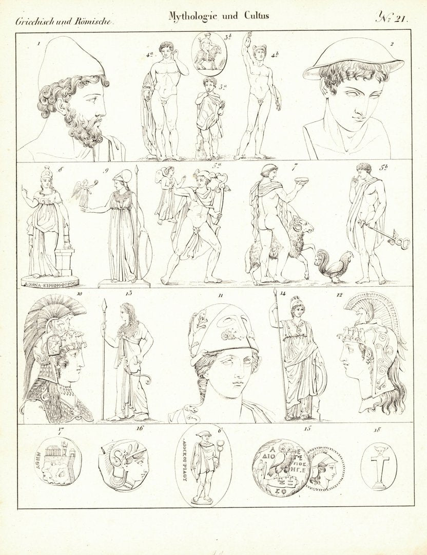 Mythologie und Cultus Nr.21 . Griechisch und Römisch. Lithografiertes Blatt von 1830.