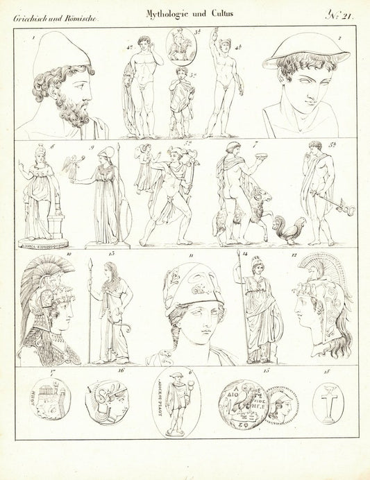 Mythologie und Cultus Nr.21 . Griechisch und Römisch. Lithografiertes Blatt von 1830.