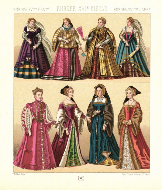 Europa. Historische Figuren, Frankreich, England, Italien. 16. Jhd. Lithografie von 1888. (T265)