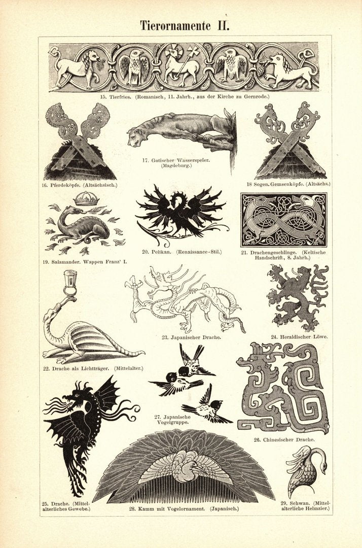 Tierornamente. Buchillustration (Stich) von 1897