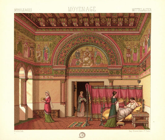 Frankreich. Mittelalter. Innenraum eines Herrenhauses 9.-11. Jhd. Lithografie von 1888. (T185)