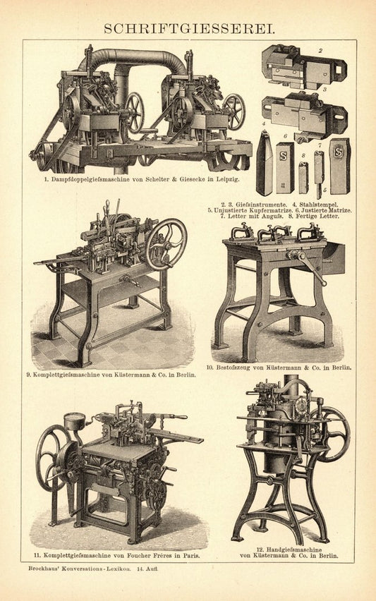 Schriftgiesserei. Buchillustration (Stich) von 1897
