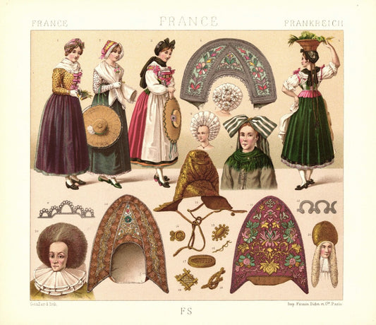 Frankreich. Elsass, verschiedene Haartrachten des 17. Jhd. Volkstracht. Lithografie von 1888. (T488)