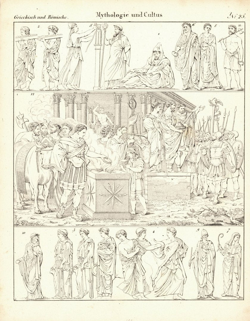 Mythologie und Cultus Nr. 25. Griechisch und Römisch. Lithografiertes Blatt von 1830.