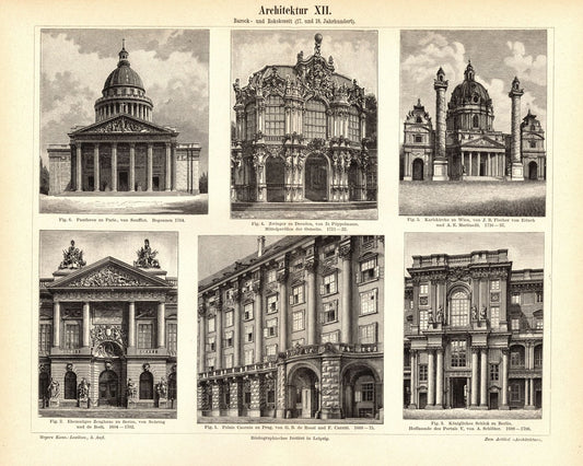 Architektur XII. Barock- und Rokokozeit 17.u.18. Jhd. Buchillustration (Stich) von 1893