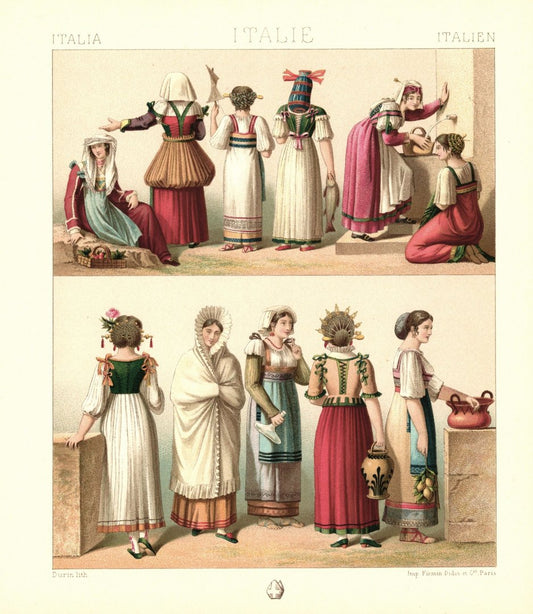 Italien. Frauen aus Rom, Mailand, Venetien, Neapel. 1. Hälfte 19.Jhd. Lithografie von 1888. (T465)