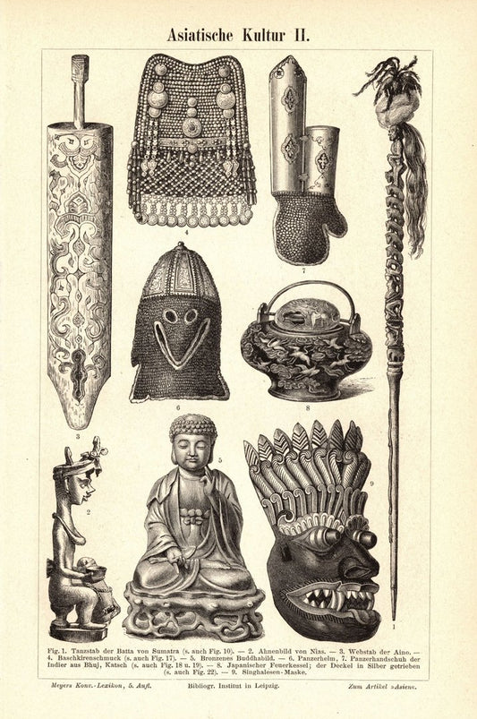 Asiatische Kultur. Buchillustration (Stich) von 1893