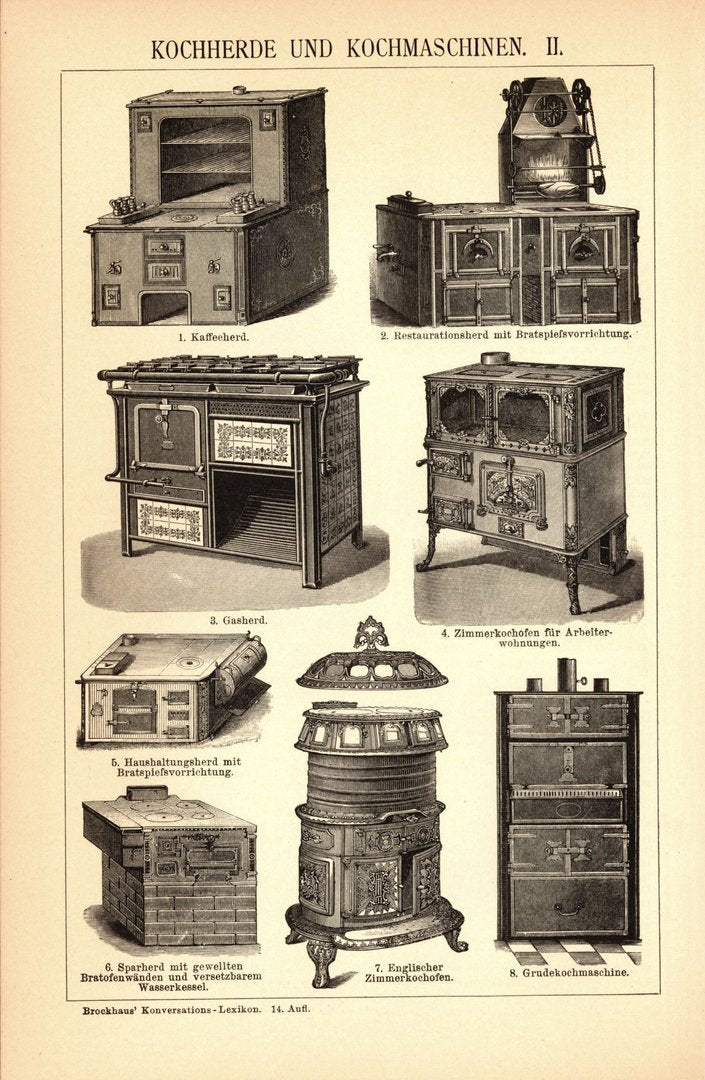 Kochherde und Kochmaschinen. Buchillustration (Stich) von 1897