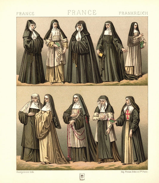 Frankreich. Laienschwester, Hospitaliterin, geistliche Orden. Lithografie von 1888. (T335)