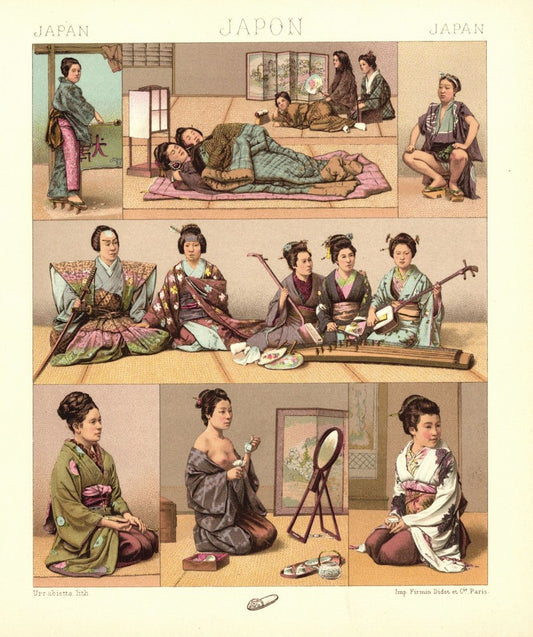 Japan. Das Leben auf Matten, Musikinstrumente. Lithografie von 1888. (T103)