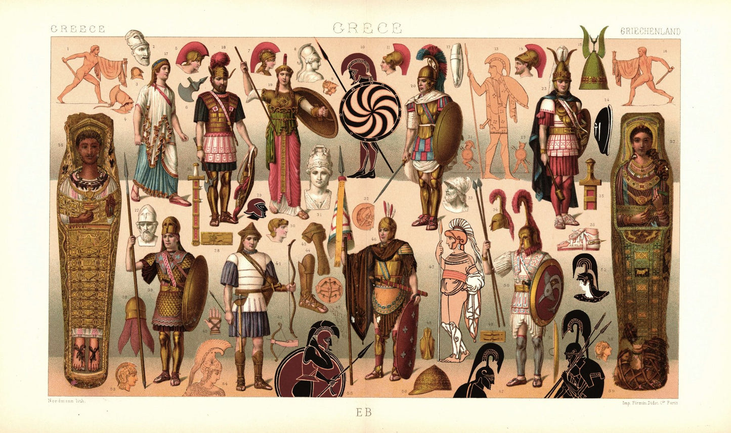 Griechenland. Militärtracht, zivile Festkleidung, Schutzwaffen. Lithografie von 1888. (T25)