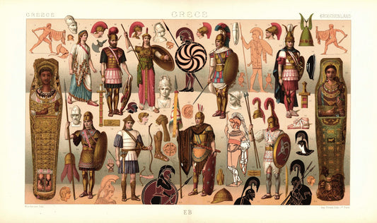 Griechenland. Militärtracht, zivile Festkleidung, Schutzwaffen. Lithografie von 1888. (T25)