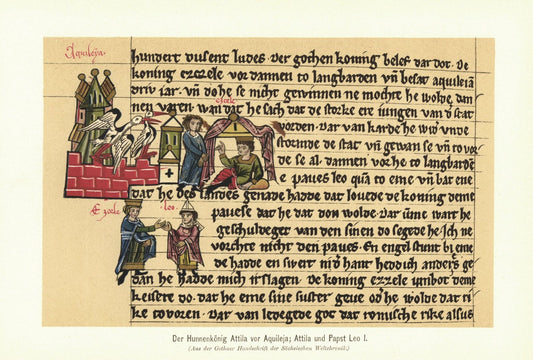 Der Hunnenkönig Attila vor Aquileja, Attila und Pabst Leo I.  Lithografie von 1902